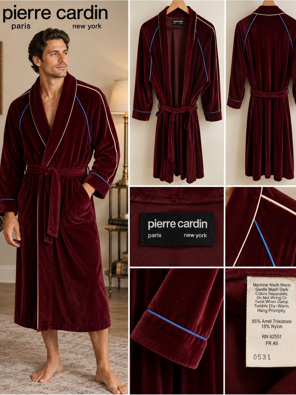 Vintage Pierre Cardin Burgundy Velour Robe Smoking Jacket Blue Piping